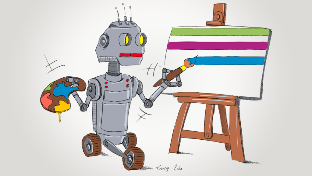 Un robot peintre fait des ligne horizontales sur un chevalet d'artiste