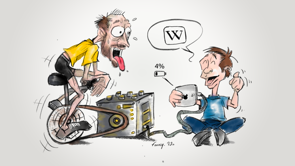 A father use a bicycle to get enough power to read Wikipedia