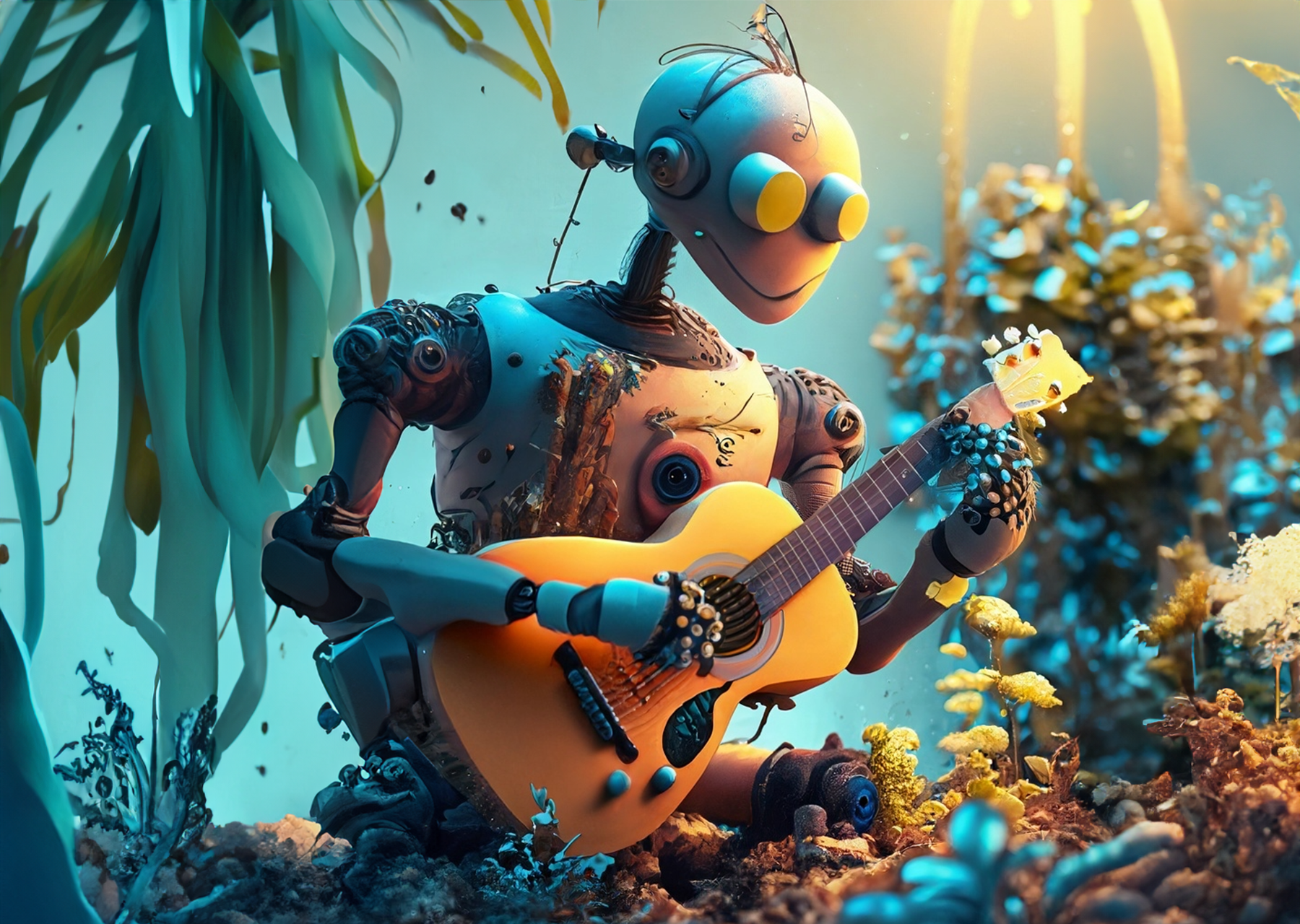 A robot playing acoustic guitar in a garden